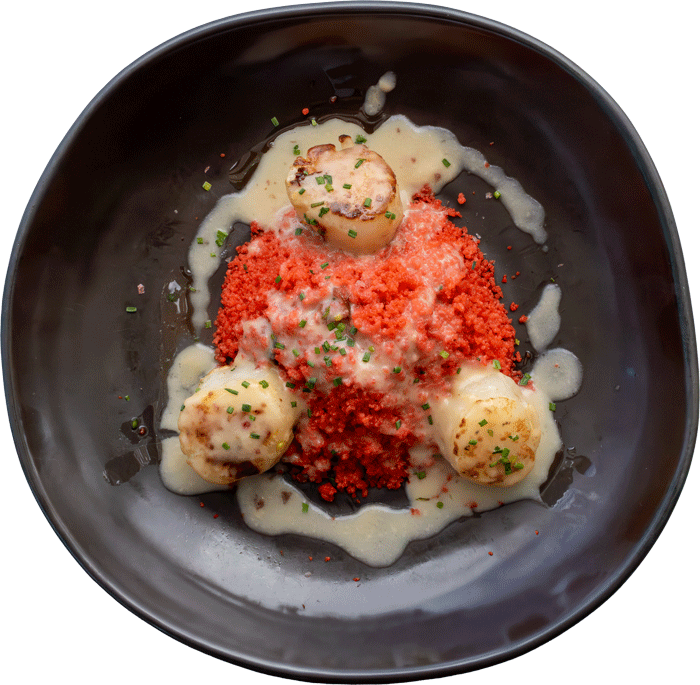 Vieires al cava i cous-cous vermell